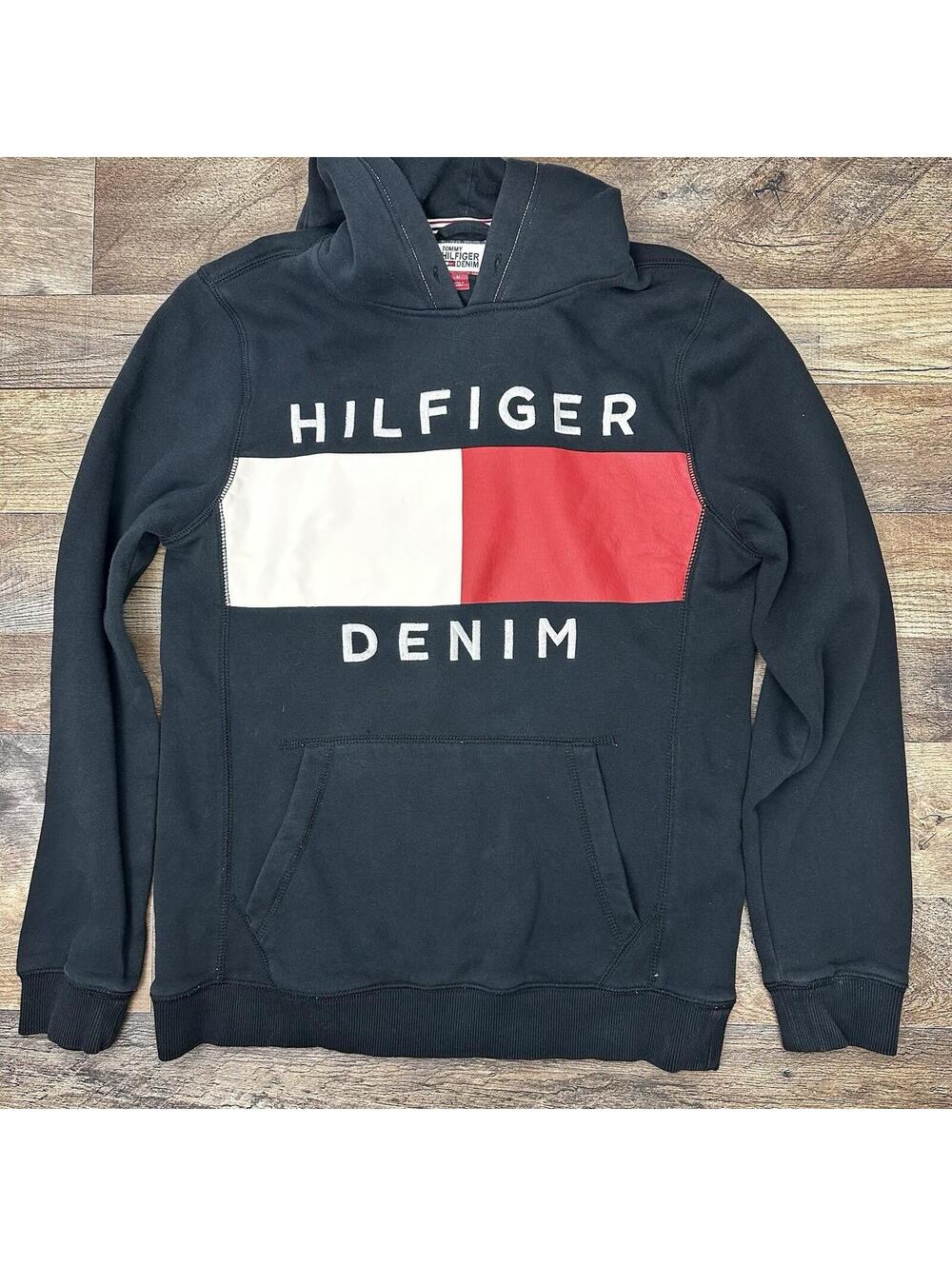 Tommy Hilfiger Hoodie Pullover Sweatshirt Mens Sz Medium Black Logo Flag
